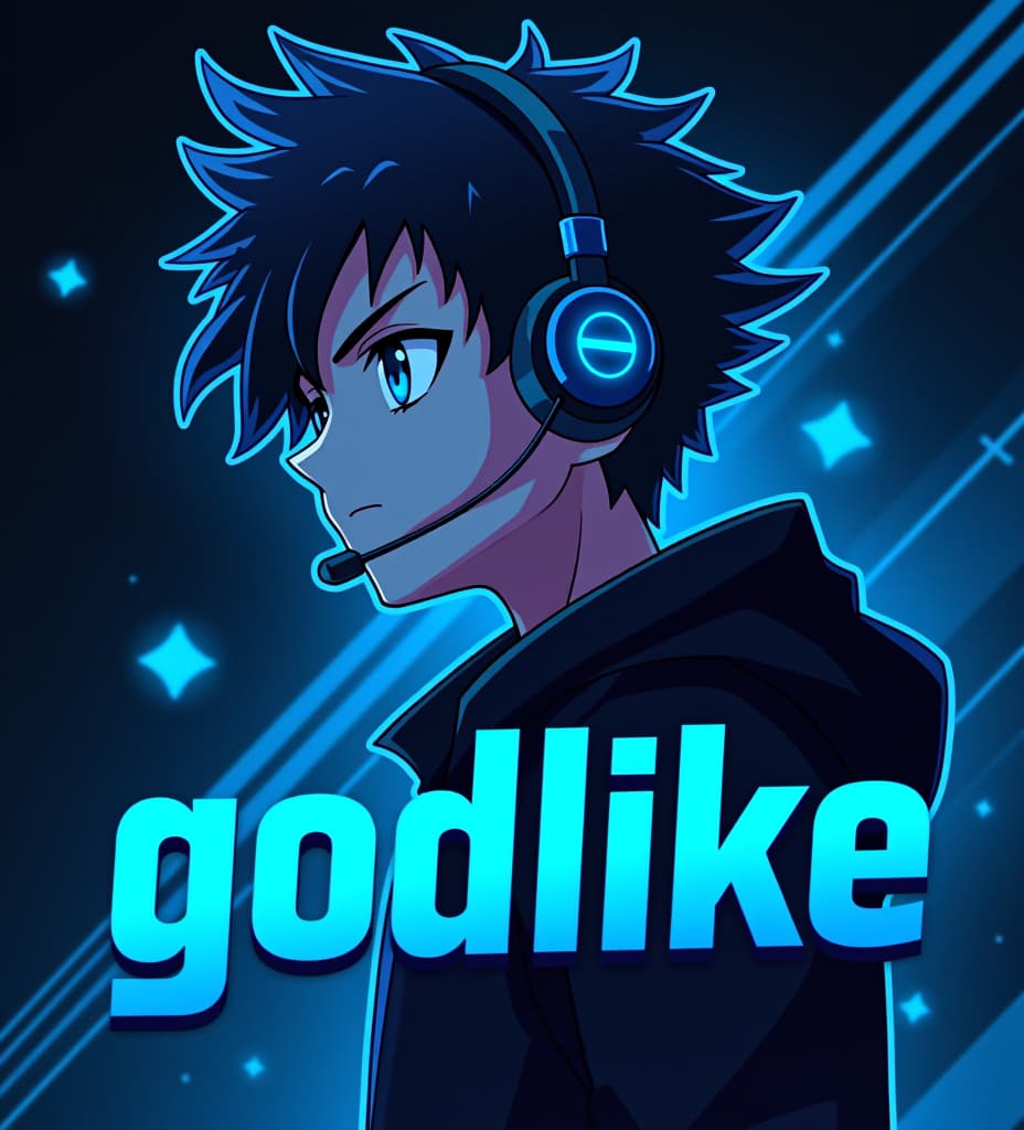  good quality, high quality, anime style profile picture design of a handsome boy with sharp, angular features, dark spiky hair, and glowing blue eyes, wearing a futuristic headset and sleek black outfit. the word "godlike" is in bold, stylized font with neon blue accents, in front of a digital design backdrop.