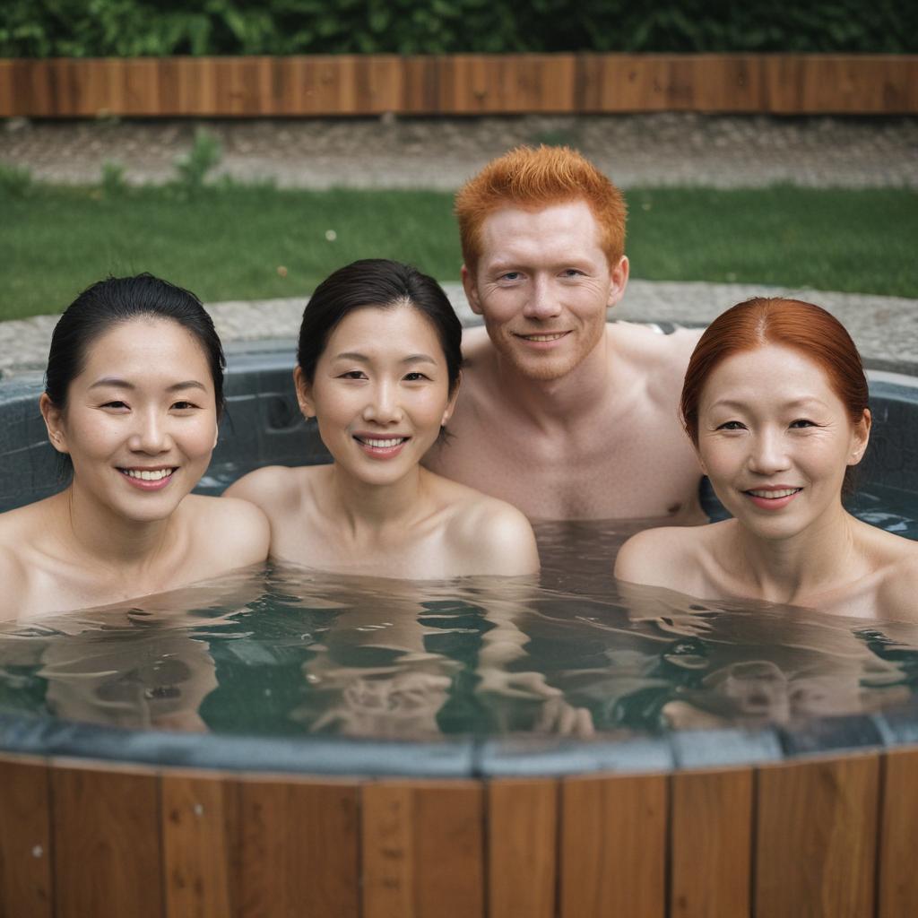 three aged s in a hot tub, a , an asian , and a ginger 