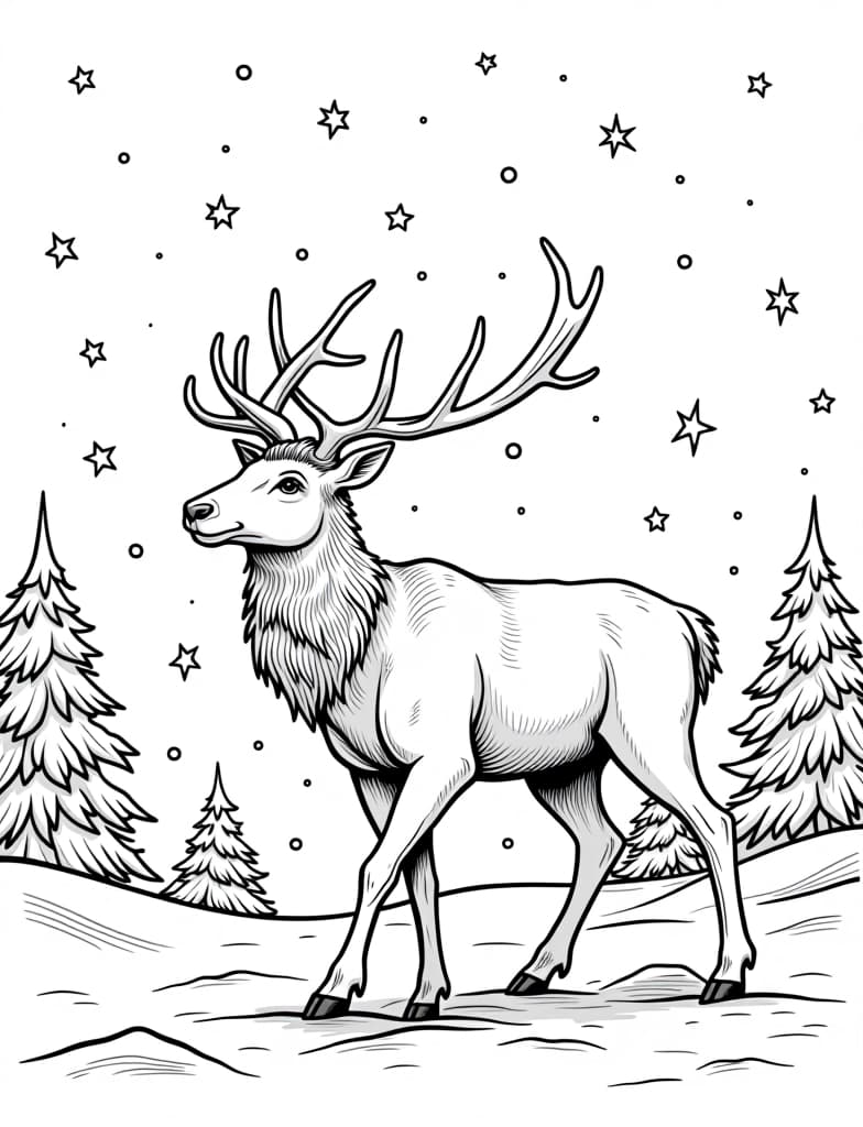  this is for an adult coloring page. a detailed black and white line art of a snowy reindeer standing in the snow under a starry sky on a solid white background.