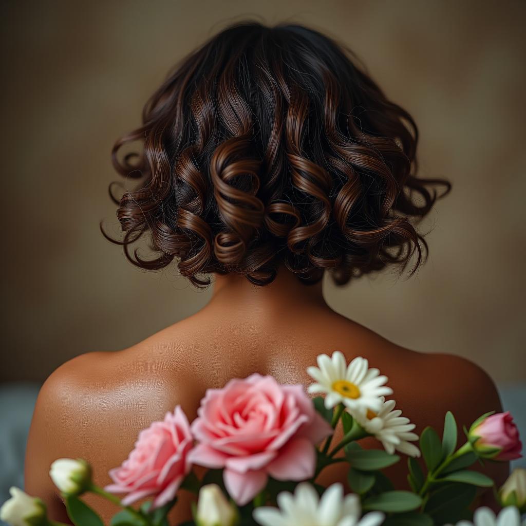  3 old sweaty athletic jewish woman with short dark brown curly wavy damp hair, with large natural ocks, viewed from behind, prone position, lying prone , flowers growing out of her, flowers in her,, high quality, high details, hd, perfect composition, 4k epic detailed, highly detailed, sharp focus, high resolution