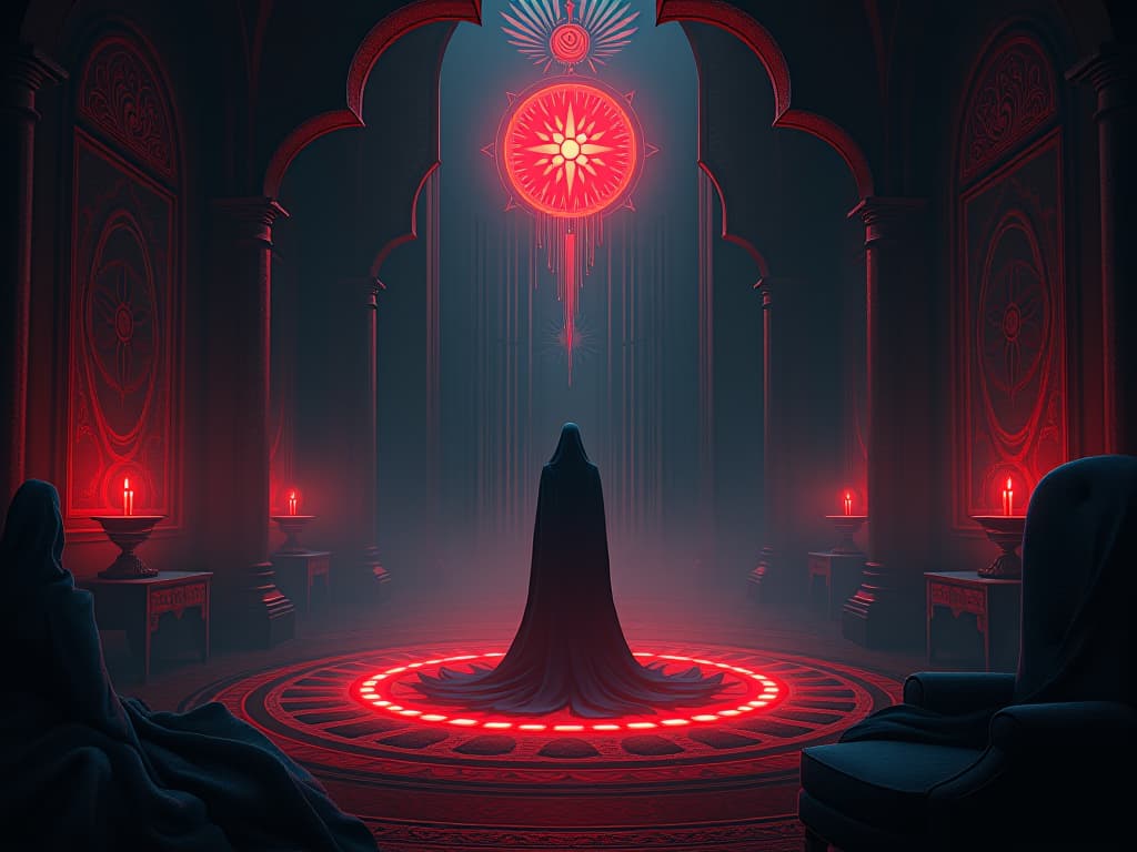  room filled with light, harmonious objects, serene atmosphere, aura of alignment and resonance. the style is digital art illustration / modern comic book / graphic dark novel fantasy and mysterious occult, symbolic, moody lighting, esoteric vibe,high detail on character design. for the color scheme emphasize blacks and reds.