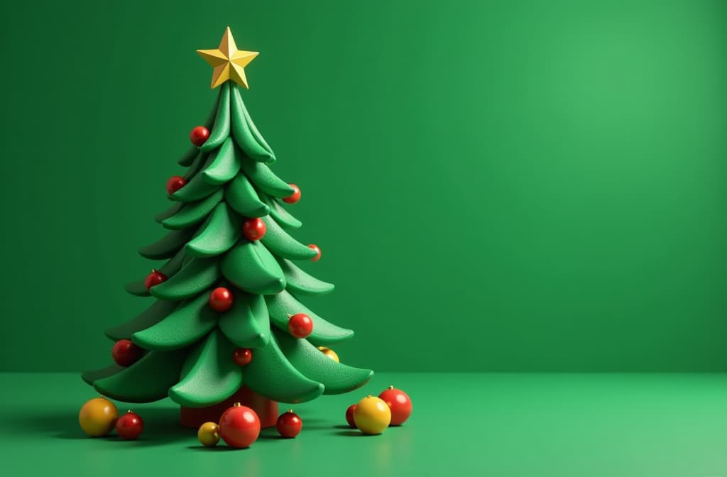  epic realistic, hyperdetailed, (cycles render:1.3), caustics, (glossy:0.58), (artstation:0.82),christmas green tree made of plasticine, decorated with small colored balls, left, 2:3 empty space for text, green background ar 3:2