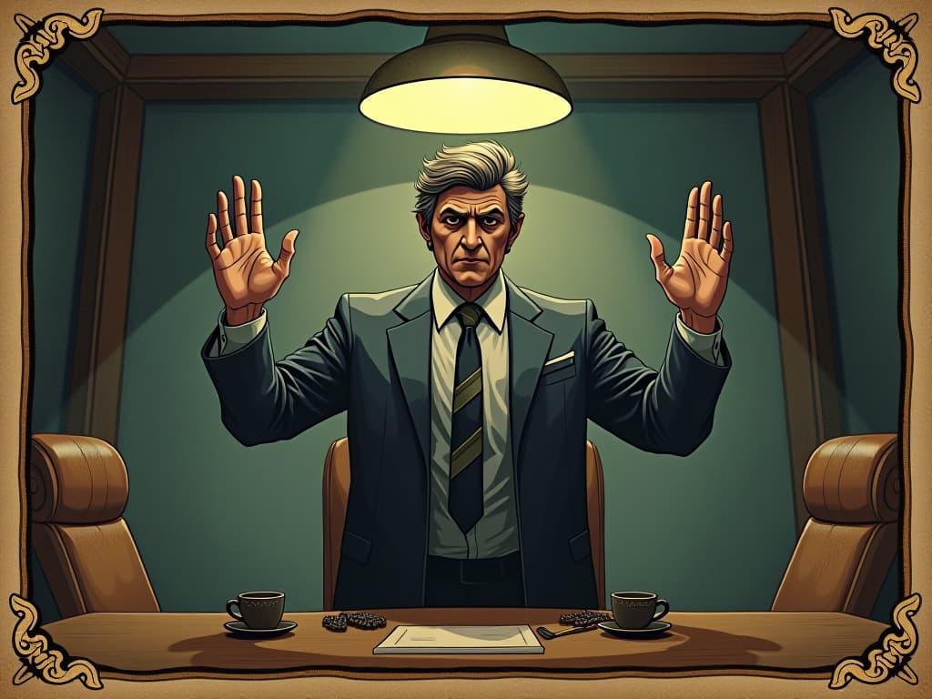  figure in business attire, dismissive gesture, boardroom setting, shadows cast by overhead lights, subtle condescension. an illustration in the style of a worn, mystical old tarot trump card, mysterious and elements of surrealism. the colors are muted, somber and eerie, but with contrast bring out an occult and esoteric vibe.