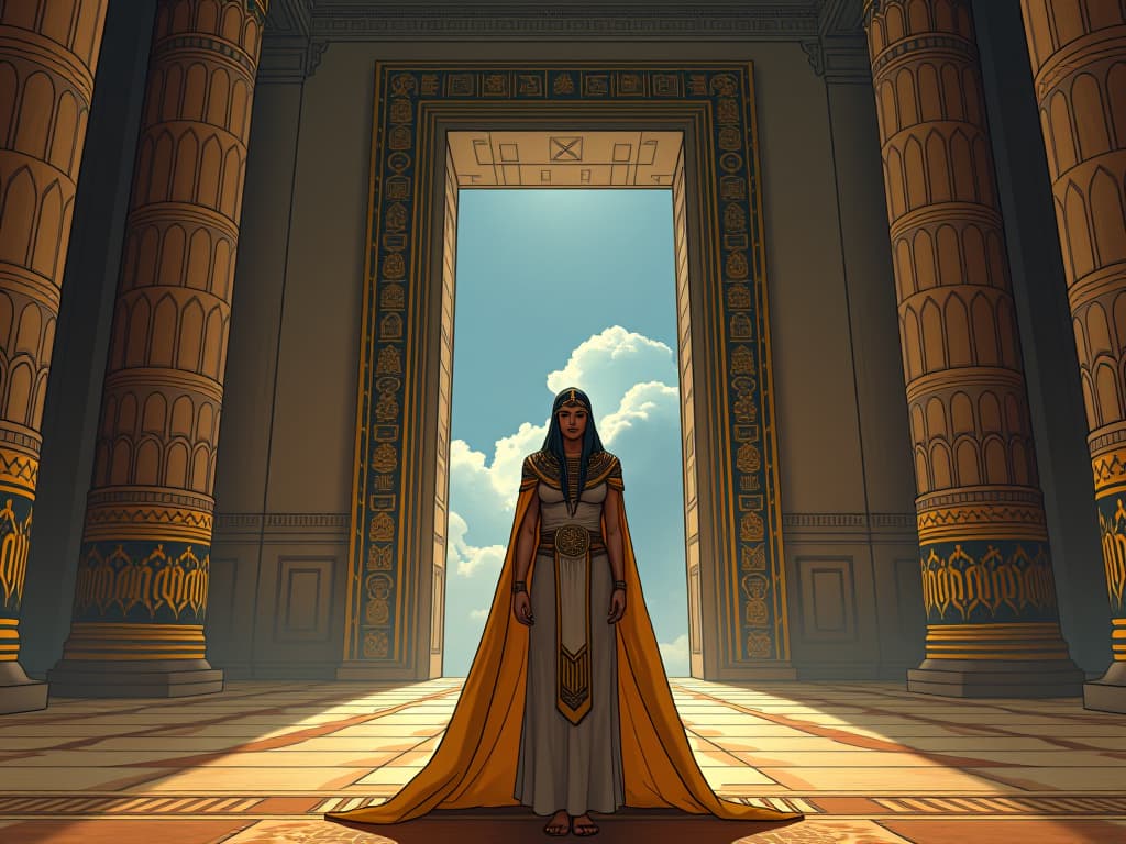  open doors of opportunity in an ancient temple, symbolizing staying open to new opportunities. the style is digital art illustration / modern comic book / mysterious occult, symbolic, esoteric vibe,high detail on character design, incorporating ancient egyptian symbology and attire.