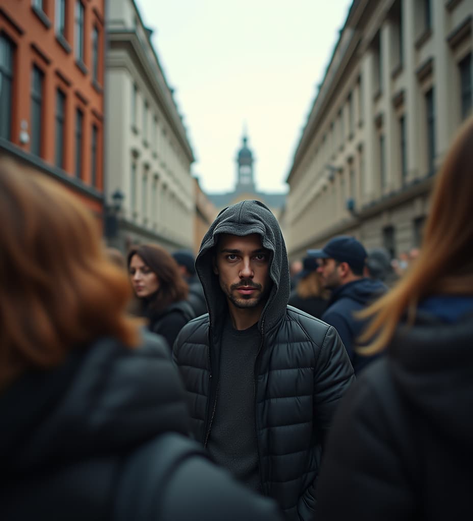  a typical bustling city scene in berlin with an alien amidst people trying to hide and blend in. amateur shot, everything is sharp.