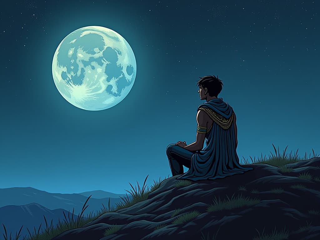  a young person in contemplation, sitting on a moonlit hill, looking at the stars, connecting with the intangible mysteries of the universe. the style is digital art illustration / modern comic book / mysterious occult, symbolic, esoteric vibe,high detail on character design, incorporating ancient egyptian symbology and attire.