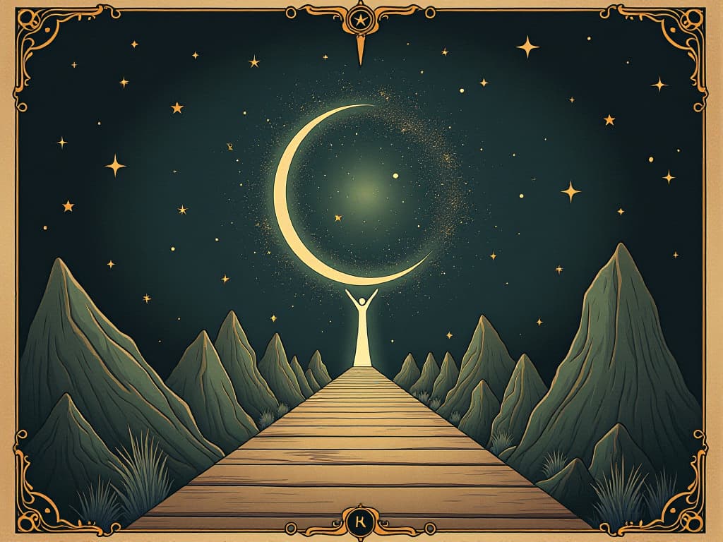  enigmatic pathway leading to a hidden destination, celestial constellations, stars swirling, sense of destiny and purpose, night sky. an illustration in the style of a worn, mystical old tarot trump card, mysterious and elements of surrealism. the colors are muted, somber and eerie, but with contrast bring out an occult and esoteric vibe.