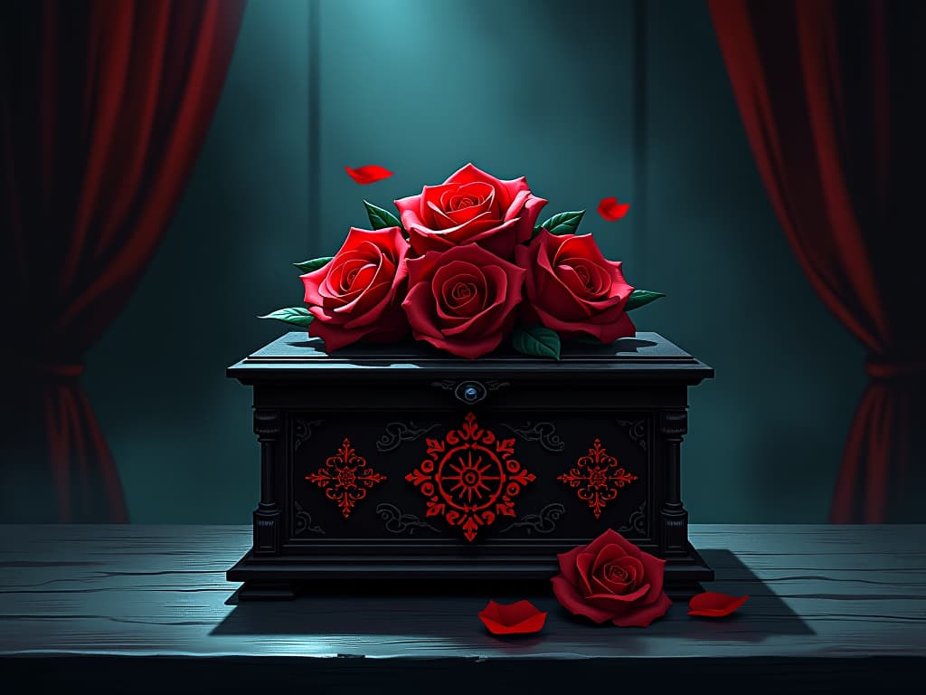  haunted music box, red carved roses on top, shadowy room, discordant tune, aura of discord and turmoil. the style is digital art illustration / modern comic book / graphic dark novel fantasy and mysterious occult, symbolic, moody lighting, esoteric vibe,high detail on character design. for the color scheme emphasize blacks and reds.