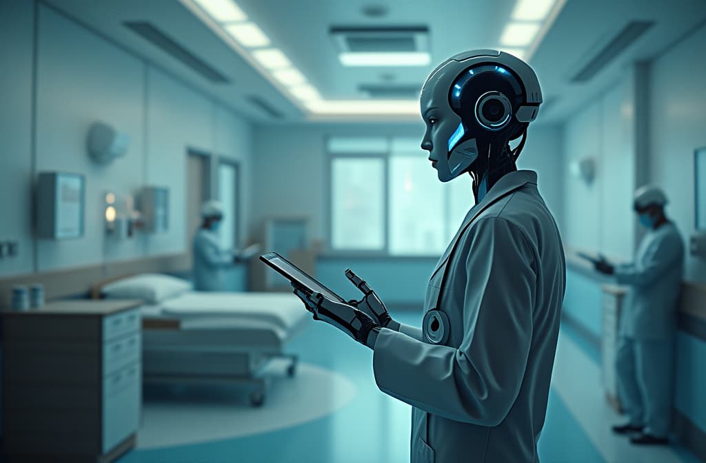  professional detailed photography, futuristic hospital room with ai robot doctor. generative ai. ar 3:2, (muted colors, dim colors, soothing tones), (vsco:0.3)