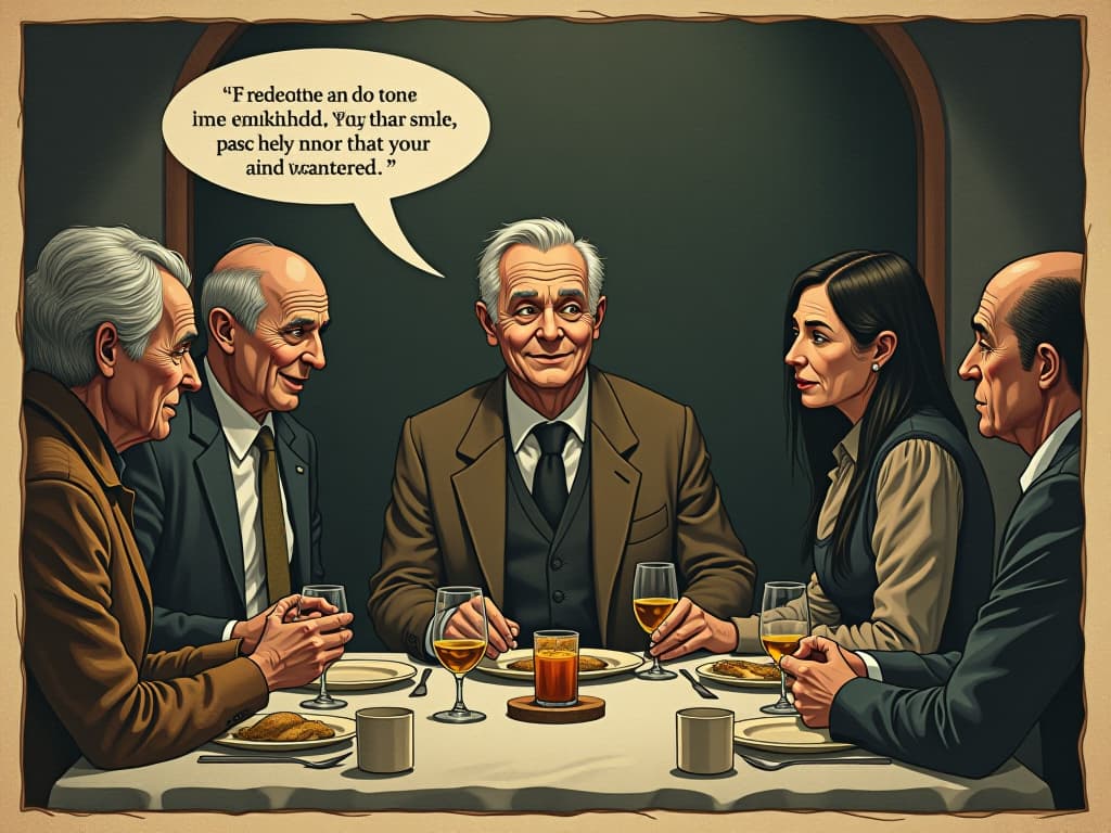  a family dinner scene, a relative with a fake smile, delivering a backhanded compliment, others looking away or stiffened, background with dim light and shadows, tension, veiled resentment. an illustration in the style of a worn, mystical old tarot trump card, mysterious and elements of surrealism. the colors are muted, somber and eerie, but with contrast bring out an occult and esoteric vibe.