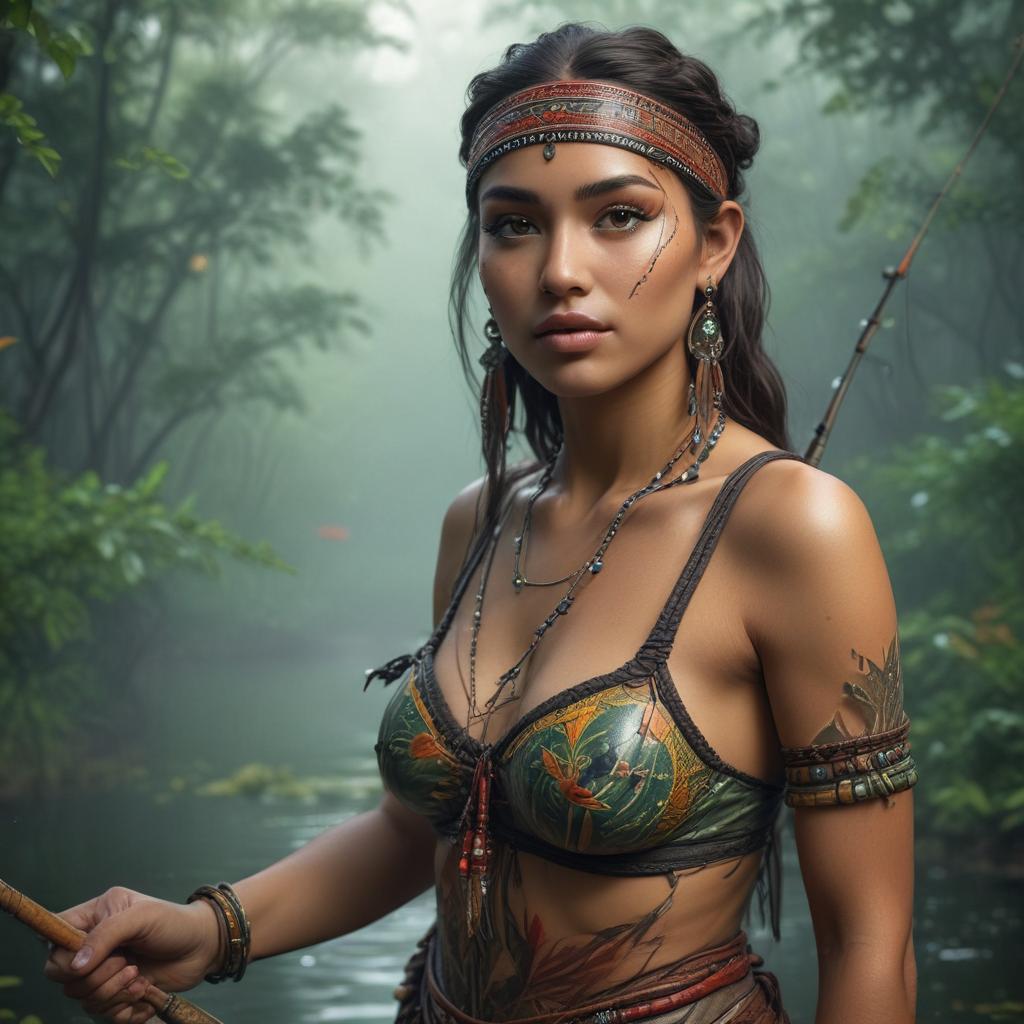 ((masterpiece)),(((best quality))), 8k, high detailed, ultra detailed, sexy tribe woman fishing, tribe woman, fishing, (exotic fish in the catch), (lush vegetation), (tribal face paint), (intricate tribal jewelry) hyperrealistic, full body, detailed clothing, highly detailed, cinematic lighting, stunningly beautiful, intricate, sharp focus, f/1. 8, 85mm, (centered image composition), (professionally color graded), ((bright soft diffused light)), volumetric fog, trending on instagram, trending on tumblr, HDR 4K, 8K