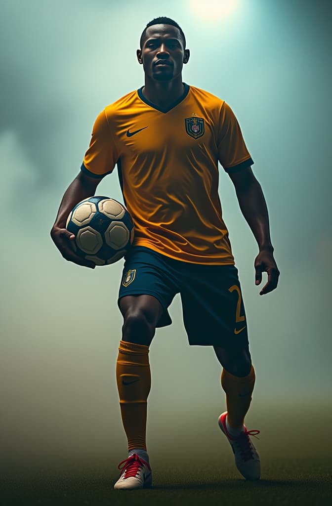  pelé com a bola de ouro hyperrealistic, full body, detailed clothing, highly detailed, cinematic lighting, stunningly beautiful, intricate, sharp focus, f/1. 8, 85mm, (centered image composition), (professionally color graded), ((bright soft diffused light)), volumetric fog, trending on instagram, trending on tumblr, HDR 4K, 8K