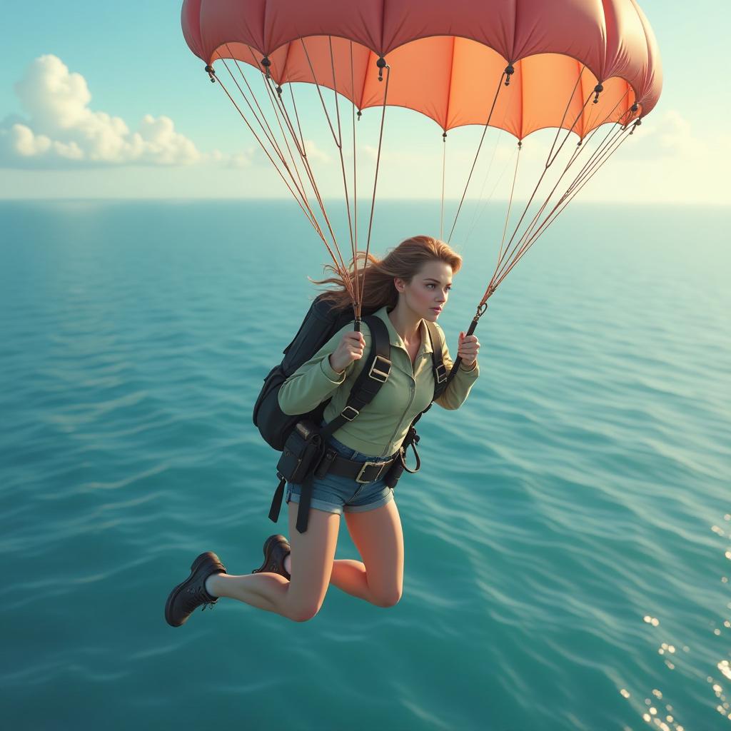  a female paratrooper flying with a parachute against the backdrop of the sea, in a cartoonish style. hyperrealistic, full body, detailed clothing, highly detailed, cinematic lighting, stunningly beautiful, intricate, sharp focus, f/1. 8, 85mm, (centered image composition), (professionally color graded), ((bright soft diffused light)), volumetric fog, trending on instagram, trending on tumblr, HDR 4K, 8K