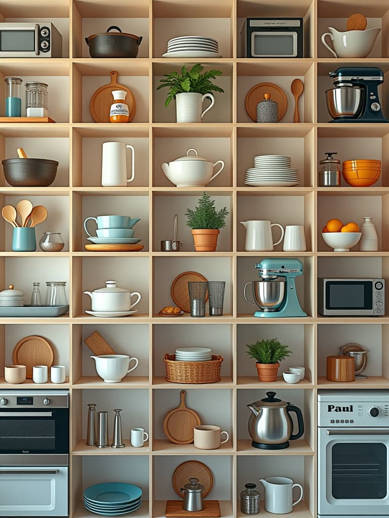  a portrait photo of a collage of budget friendly kitchen accessories and appliances from various brands, arranged in a visually appealing grid layout hyperrealistic, full body, detailed clothing, highly detailed, cinematic lighting, stunningly beautiful, intricate, sharp focus, f/1. 8, 85mm, (centered image composition), (professionally color graded), ((bright soft diffused light)), volumetric fog, trending on instagram, trending on tumblr, HDR 4K, 8K