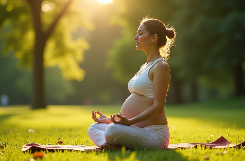  professional detailed photography, young pregnant woman is practicing yoga and meditating in the park on a sunny day ar 3:2, (muted colors, dim colors, soothing tones), (vsco:0.3)