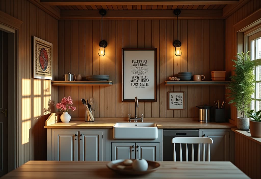  a landscape photo of a cozy kitchen interior with rustic wooden walls adorned with elegant framed inspirational quotes, soft warm lighting, and a vintage farmhouse sink hyperrealistic, full body, detailed clothing, highly detailed, cinematic lighting, stunningly beautiful, intricate, sharp focus, f/1. 8, 85mm, (centered image composition), (professionally color graded), ((bright soft diffused light)), volumetric fog, trending on instagram, trending on tumblr, HDR 4K, 8K