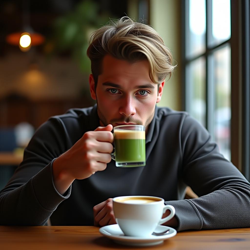  uk man drinking matcha at a cafe, male, british, blonde, adult, masterpiece, best quality