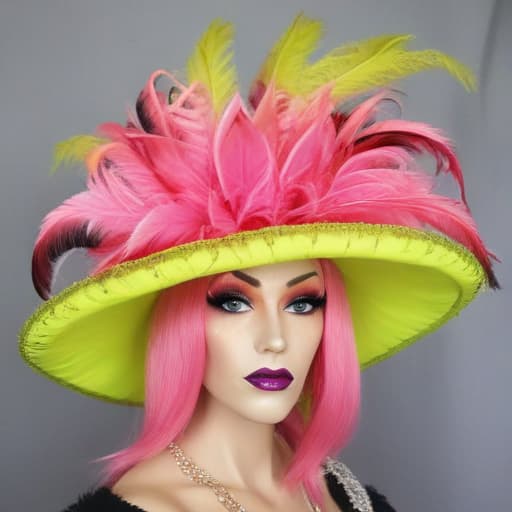 Drag queen flamingo hat Kentucky derby feathers cowboy chartreuse pink