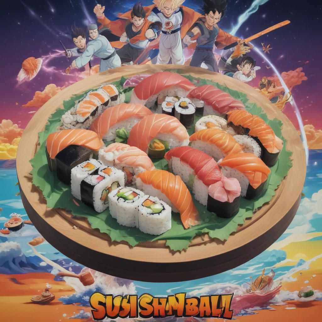 distance-shot, flashy, full-body, dynamic, holographic, animated cartoon poster of sushi scene in the style of dragon ball super