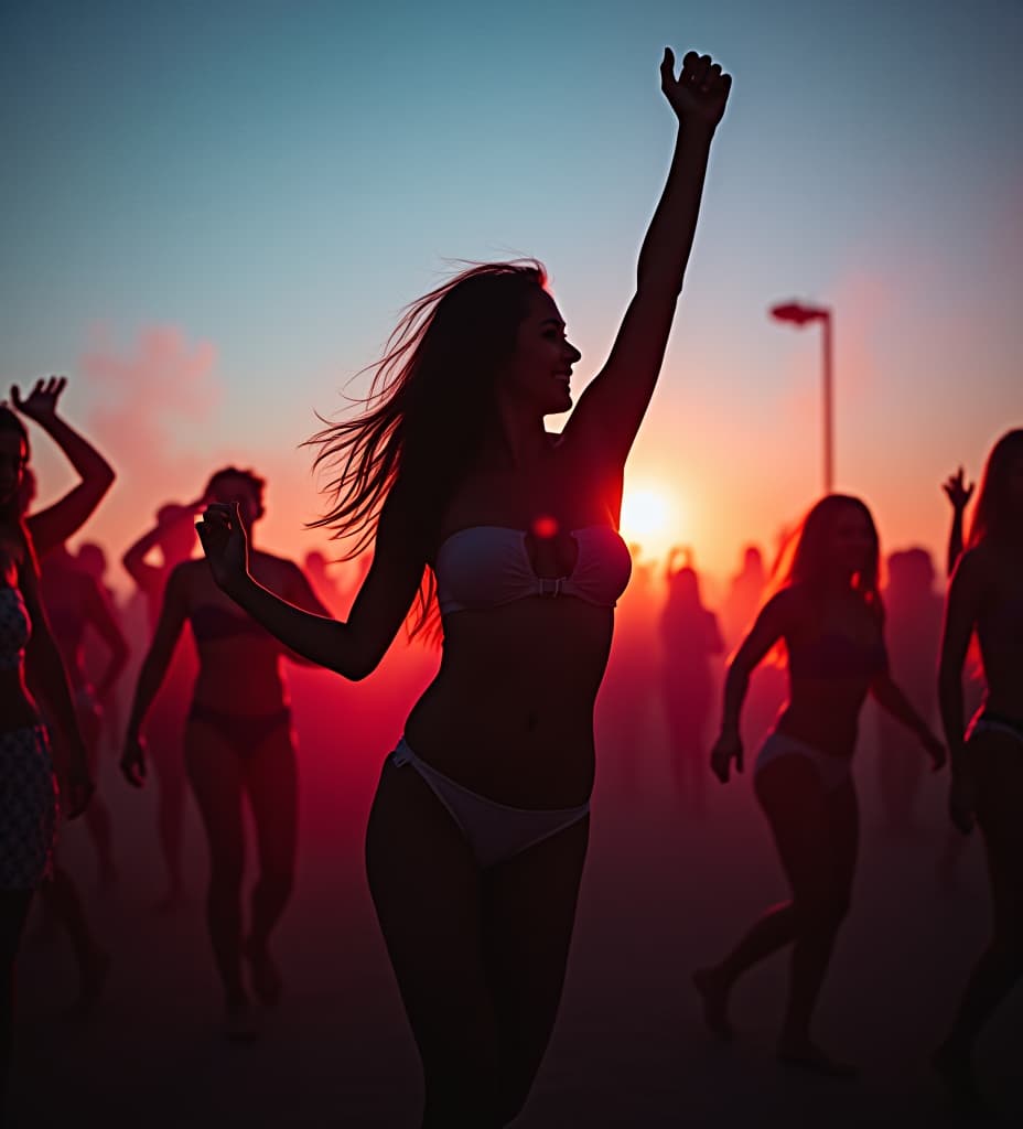  una vibrante fiesta rave al amanecer, con personas hermosas sin ropa , bailando con energía bajo un cielo deslumbrante. captura la esencia de la libertad y la alegría, con luces brillantes y sombras contrastadas que realzan la belleza de los cuerpos en movimiento. incluye detalles de la atmósfera festiva: destellos de neón, expresiones de felicidad y un paisaje en tonos cálidos que reflejan la salida del sol. busca una estética visual cautivadora y llena de colores intensos.