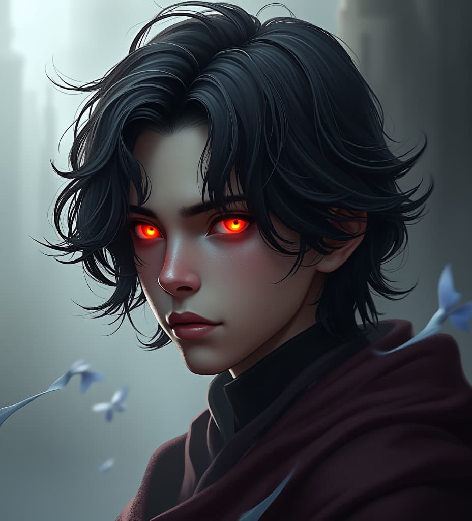  portrait of young prince with shoulder length wavy raven black hair and red, slightly glowing eyes. realistic., high quality, high details, hd, perfect composition, 4k epic detailed, highly detailed, sharp focus, high resolution