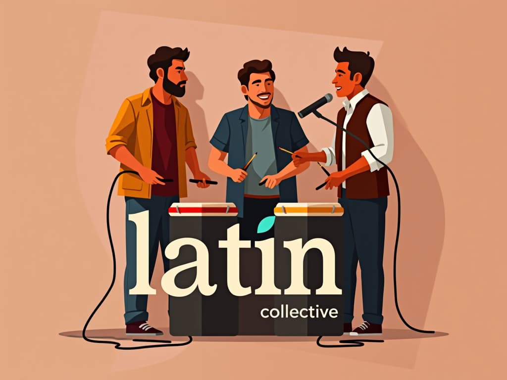  design a logo, in a origami style. 3 hombres con tambores, microfono, cables , with the text 'latín beat collective '.