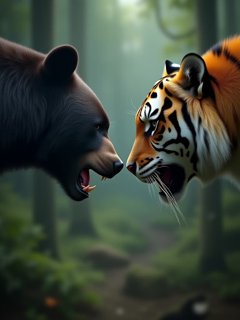  in the forest, a vicious black bear and a tiger face to face photo realistic, highly intricate and detailed, masterpiece, ultra high res,photography,8k resolution