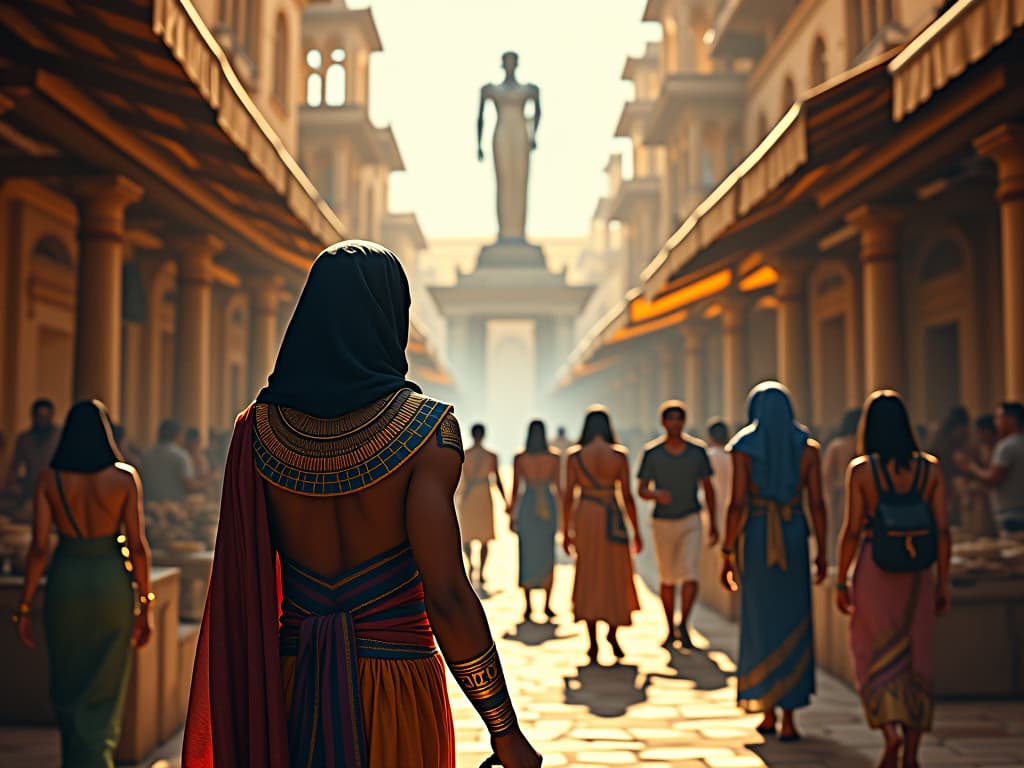  ancient egyptian marketplace, bustling with activity, ever changing, symbolizing the constant nature of change. the style is digital art illustration / modern comic book / mysterious occult, symbolic, esoteric vibe,high detail on character design, incorporating ancient egyptian symbology and attire. hyperrealistic, full body, detailed clothing, highly detailed, cinematic lighting, stunningly beautiful, intricate, sharp focus, f/1. 8, 85mm, (centered image composition), (professionally color graded), ((bright soft diffused light)), volumetric fog, trending on instagram, trending on tumblr, HDR 4K, 8K