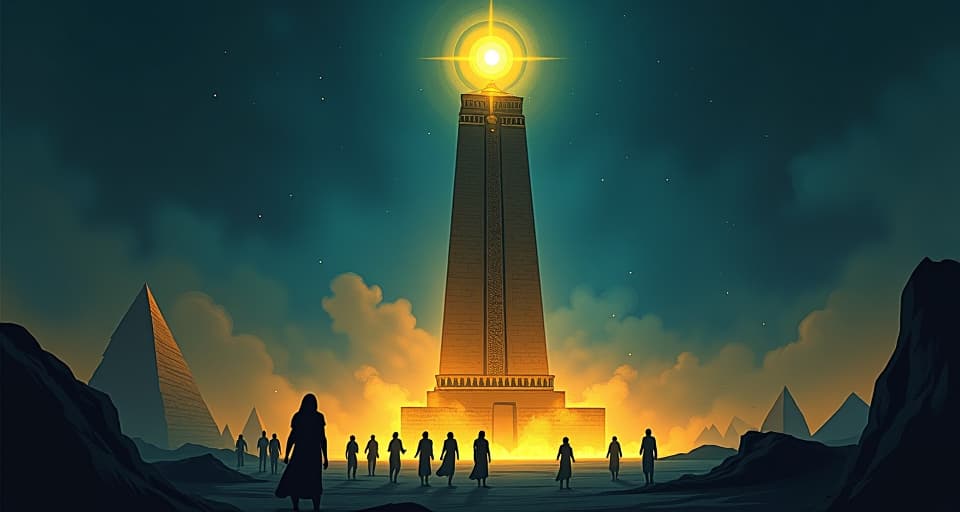  an ancient egyptian beacon, tall and glowing, surrounded by lost souls, a guide through the night. the style is digital art illustration / modern comic book / mysterious occult, symbolic, esoteric vibe,high detail on character design, incorporating ancient egyptian symbology and attire.