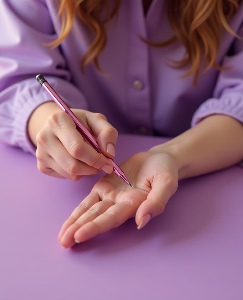  hdr photo of a woman applies on her wrist, hands, a small small pencil, close up, on a lilac background . high dynamic range, vivid, rich details, clear shadows and highlights, realistic, intense, enhanced contrast, highly detailed