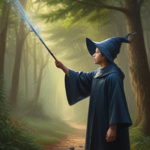 A young wizard waves his wand to create a shower of Tuna in Oil painting style with Forests background