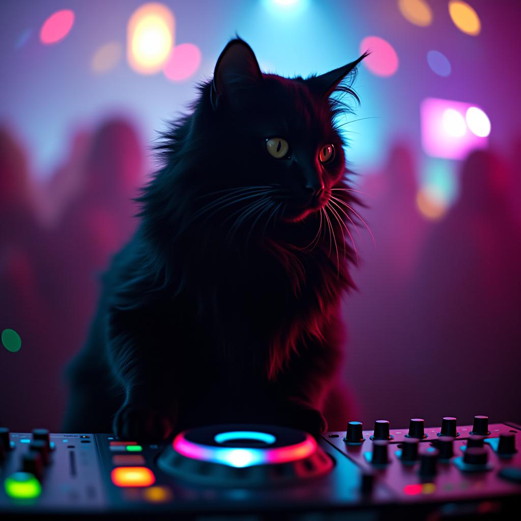  a black cat djying on a gay party hyperrealistic, full body, detailed clothing, highly detailed, cinematic lighting, stunningly beautiful, intricate, sharp focus, f/1. 8, 85mm, (centered image composition), (professionally color graded), ((bright soft diffused light)), volumetric fog, trending on instagram, trending on tumblr, HDR 4K, 8K