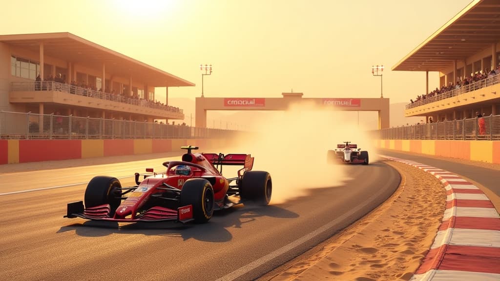  prompt: create a visually stunning image capturing the essence of the formula 1 winter tests in bahrain 2025. show a dynamic scene at the bahrain international circuit with f1 cars speeding through the desert track under the scorching sun. include details like sandstorms in the background, teams working in pit stops, and the iconic bahrain international circuit architecture. emphasize the contrast between the high tech f1 cars and the rugged desert landscape. incorporate logos of formula 1, bahr