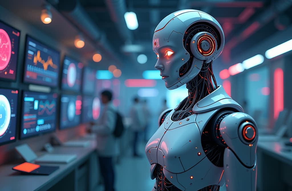  create an imaginative depiction of a futuristic humanoid robot, featuring sleek metallic surfaces and glowing circuitry, standing in a high tech laboratory. surround the robot with digital screens displaying complex algorithms and vibrant data visualizations. the robot should have expressive, human like eyes and an inquisitive posture, suggesting a blend of intelligence and curiosity. the atmosphere should be vibrant, filled with neon lights and holographic interfaces, reflecting the advanced capabilities of artificial intelligence. hyperrealistic, full body, detailed clothing, highly detailed, cinematic lighting, stunningly beautiful, intricate, sharp focus, f/1. 8, 85mm, (centered image composition), (professionally color graded), ((bright soft diffused light)), volumetric fog, trending on instagram, trending on tumblr, HDR 4K, 8K