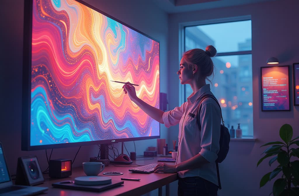  "imagine a futuristic art studio filled with vibrant colors and dynamic shapes, where a digital artist is collaborating with an ethereal ai avatar. the scene showcases a large screen displaying a swirling canvas of abstract images, merging human creativity with advanced technology. surrounding them, floating holographic tools and algorithmic patterns illuminate the space, symbolizing the limitless potential of creativity unleashed by artificial intelligence." hyperrealistic, full body, detailed clothing, highly detailed, cinematic lighting, stunningly beautiful, intricate, sharp focus, f/1. 8, 85mm, (centered image composition), (professionally color graded), ((bright soft diffused light)), volumetric fog, trending on instagram, trending on tumblr, HDR 4K, 8K