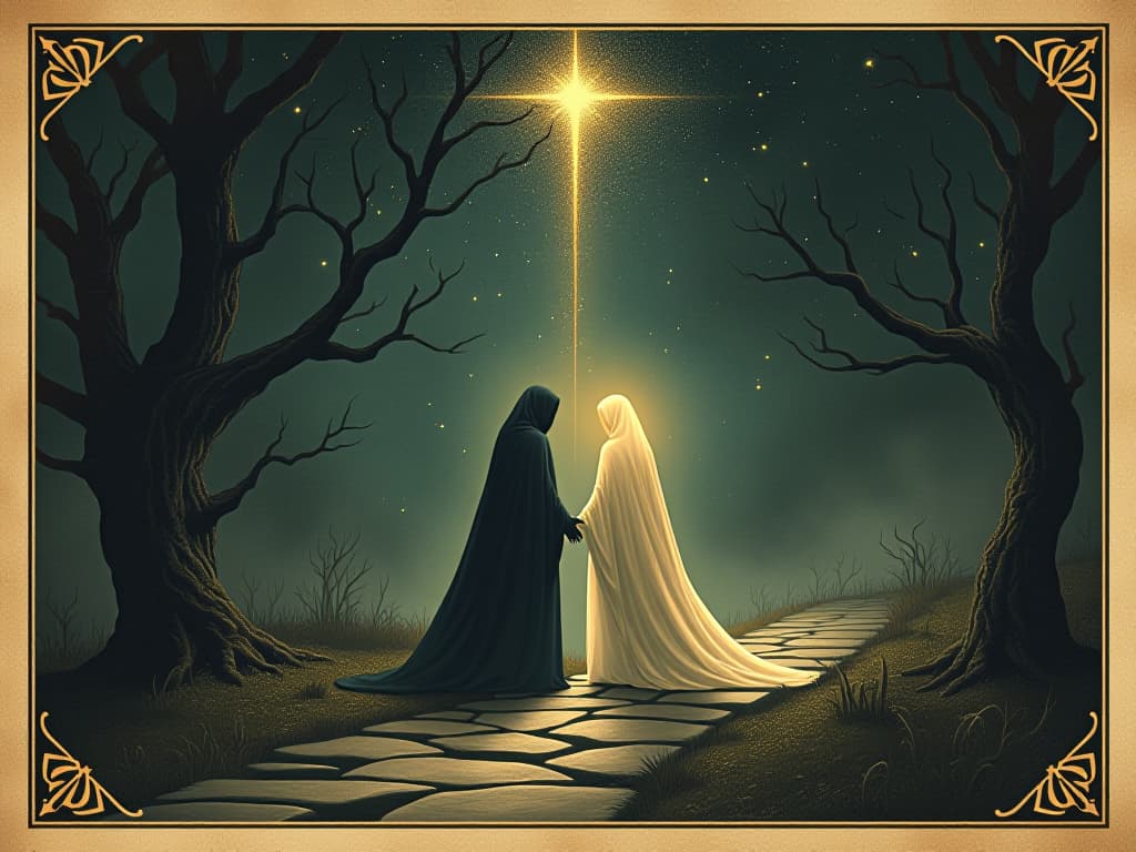  two figures, one shadowy and one luminous, meeting on a starlit path, soft beams of light connecting them, a sense of bond, luminous aura, spiritual growth. an illustration in the style of a worn, mystical old tarot trump card, mysterious and elements of surrealism. the colors are muted, somber and eerie, but with contrast bring out an occult and esoteric vibe.