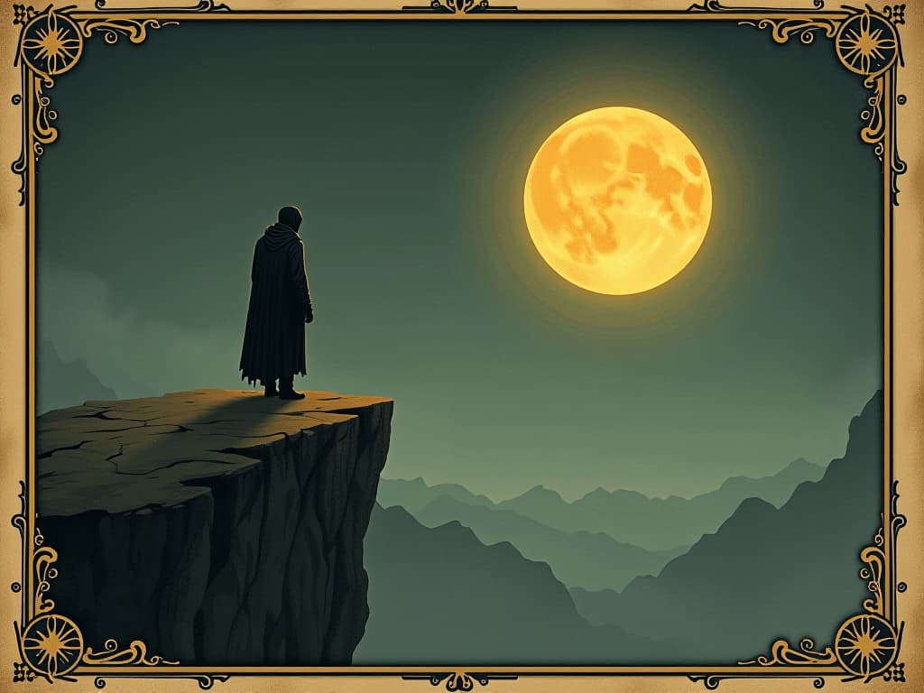  a lone figure, standing on a cliff, contemplating a glowing orb, future potential. an illustration in the style of a worn, mystical old tarot trump card, mysterious and elements of surrealism. the colors are muted, somber and eerie, but with contrast bring out an occult and esoteric vibe.