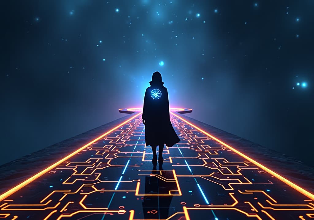  setting: 8k hyper realism you stand at a crossroads, but these paths are not ordinary—they’re made of glowing obsidian tiles with deep golden circuitry etched into them, each path leading into a different cybernetic landscape. the crossroad itself is a floating platform in a vast, cosmic void, with each path glowing in a different hue. character: dressed in a futuristic cloak that shifts color with each step you take, you hold a holographic compass in your hand. the compass needle spins wildly, then slowly aligns with one of the paths, glowing brighter as it does. your eyes reflect the glow, with a deep indigo hue, symbolizing the internal struggle between the familiar and the unknown. visual effects: foreground: the paths are hype