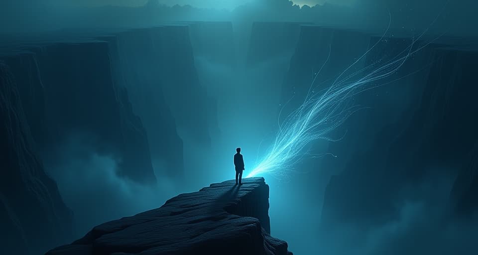  a lone figure at the edge of an immense, dark abyss, staring into the void. ethereal winds blowing, symbolizing the vast emptiness and their isolation.. the style is digital art illustration,highly detailed, whimsical,magical, dreamlike atmosphere, realism and fantasy blend, smooth, glossy textures,luminous quality, wonder and enchantment.