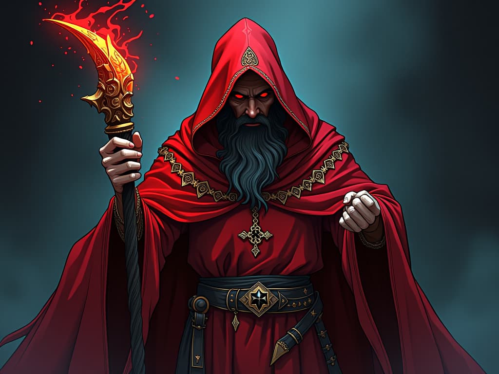  wizard in red robes, attempting to mend a broken staff, ethereal energy sparking, symbolizing broken trust. the style is digital art illustration / modern comic book / graphic dark novel fantasy and mysterious occult, symbolic, moody lighting, esoteric vibe,high detail on character design. for the color scheme emphasize blacks and reds.