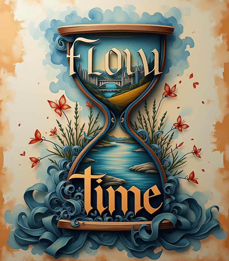  design a multi layered calligram with the phrase 'flow of a moment in time' artistically arranged in gothic capital letters to form the shape of an hourglass. the lettering should be rendered in a surreal style, with exaggerated dimensions and intricate embellishments that draw the viewer in. utilize a palette knife to create a textured background, merging two distinct images: one a tranquil scene of flowing water, and the other a bustling cityscape, representing the dichotomy of time. the expressive movements of the palette knife should add a sense of energy and fluidity to the composition, while post processing techniques refine the overall artwork, creating a harmonious blend of calligraphy and visual storytelling hyperrealistic, full body, detailed clothing, highly detailed, cinematic lighting, stunningly beautiful, intricate, sharp focus, f/1. 8, 85mm, (centered image composition), (professionally color graded), ((bright soft diffused light)), volumetric fog, trending on instagram, trending on tumblr, HDR 4K, 8K