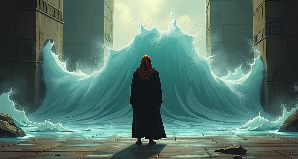  elders standing before a surging water flood, symbolizing futile resistance, water overcoming ancient barriers, aged hands trembling. the style is digital art illustration / modern comic book / mysterious occult, symbolic, esoteric vibe,high detail on character design, incorporating ancient egyptian symbology and attire.