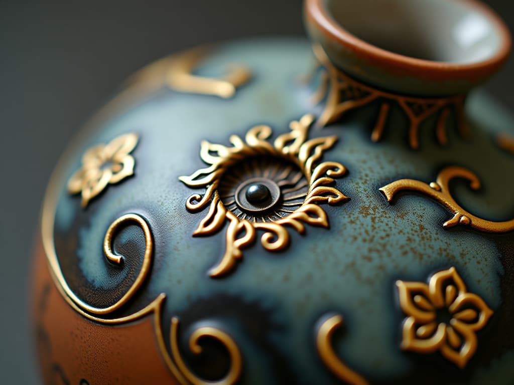  close up of japanese pottery, golden seams prominently displayed, focus on the delicate and artistic repairs, elegant, intricate, harmonious. an illustration in the style of a worn, mystical old tarot trump card, mysterious and elements of surrealism. the colors are muted, somber and eerie, but with contrast bring out an occult and esoteric vibe.