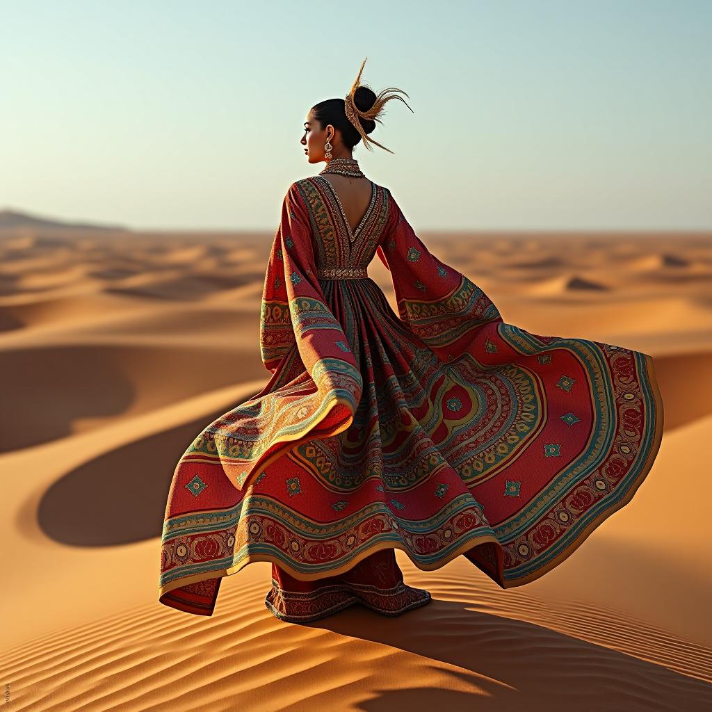  9. an elegant woman against a desert backdrop, her elaborate tribal dress billowing in the wind. the vastness of the arid landscape is captured with a sony a9 and a 24 105mm f/4 lens. small text 'astravision' at bottom right corner. hyperrealistic, full body, detailed clothing, highly detailed, cinematic lighting, stunningly beautiful, intricate, sharp focus, f/1. 8, 85mm, (centered image composition), (professionally color graded), ((bright soft diffused light)), volumetric fog, trending on instagram, trending on tumblr, HDR 4K, 8K