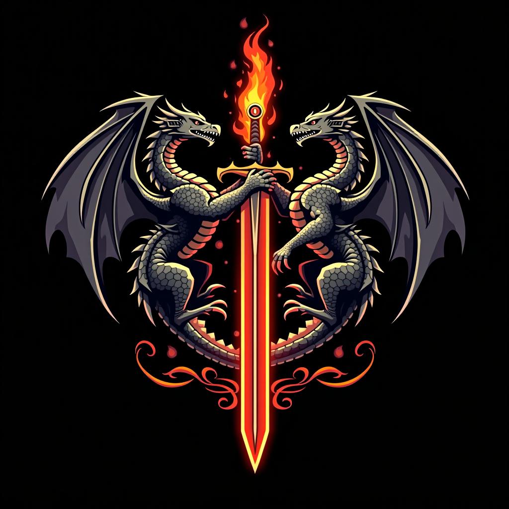  design a logo, custom sticker design on an isolated black background decorated by mythical dragons and a flaming sword