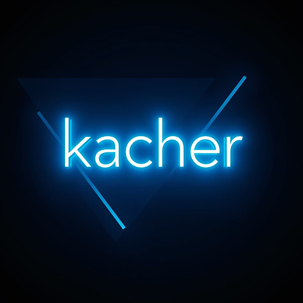  a logo design for a minimalist dark logo for a coffee shop named "kacher." use a bold, sans serif font for the name with a neon glow effect. the neon should be a vibrant, almost electric blue. in the background, use subtle geometric shapes and lines to create a sense of depth and texture, reminiscent of a modern coffee shop. hyper detail, intricate details, sharp focus, high resolution, 8k, ultra detailed, vib