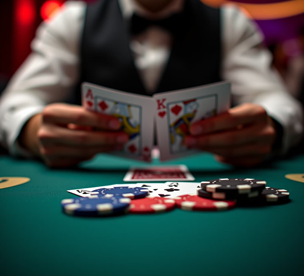  close up view of a poker player holding cards and poker chips on a casino table. the scene captures the essence of a high stakes poker game. vivid lighting creates an intense ambiance.