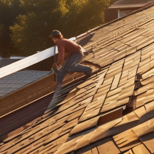 A photo of a team of roofing contractors inspecting a newly installed roof on a modern residential building in the late afternoon sun with warm, golden lighting casting long shadows across the textured shingles.