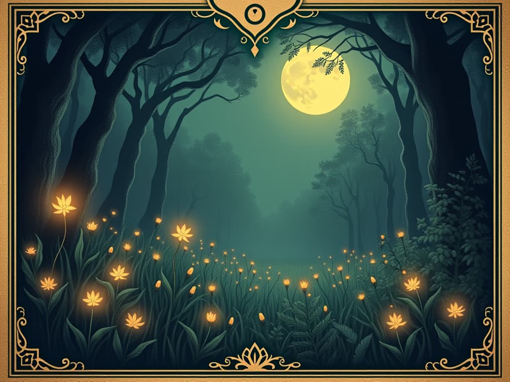  enchanted forest under the moonlight, glowing flowers and plants, shimmering light reflecting off leaves, moon casting a mystical glow, serene, magical ambiance. an illustration in the style of a worn, mystical old tarot trump card, mysterious and elements of surrealism. the colors are muted, somber and eerie, but with contrast bring out an occult and esoteric vibe.