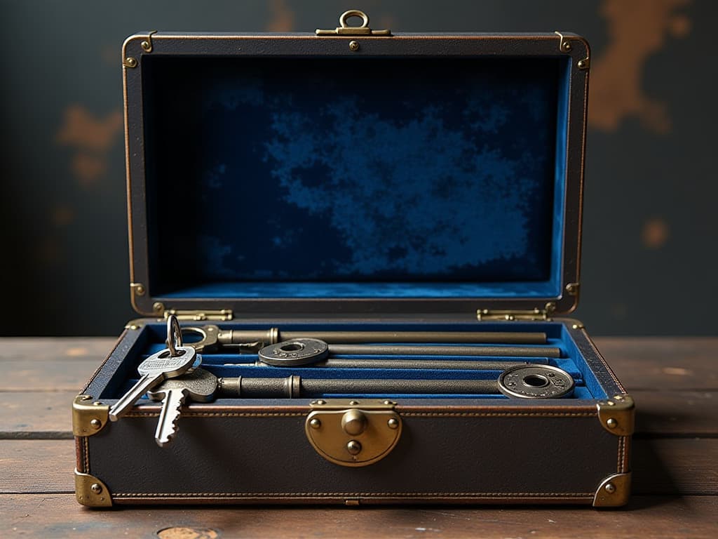  i look into a large, open, antique box with a gold edging stuffed with keys and tools. located flat, full face, right in front of my face inside a dark blue velour. on the case of the box, the valve s t on a transparent background